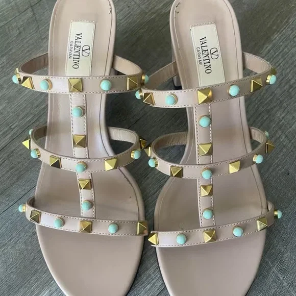 Valentino Women's Sandals with Gold and Turquoise Studs - Picture 2 of 9